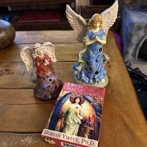 Elegant Angel Figurine Duo in Blue and Red